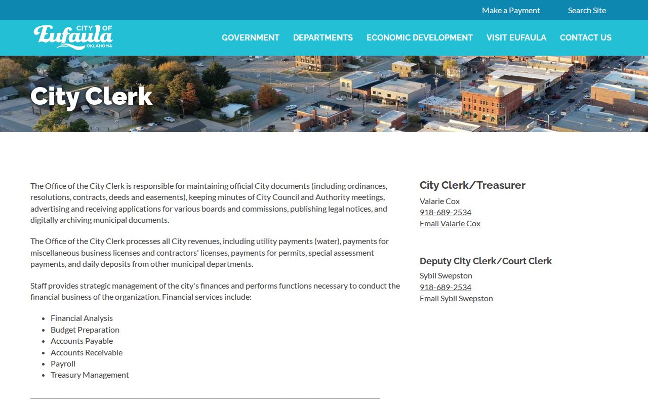Eufaula City Clerk and municipal court records contact page