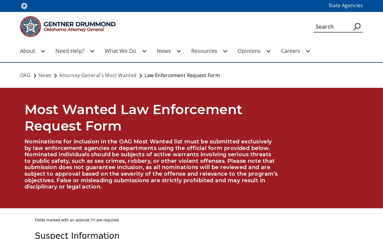 Oklahoma Attorney General law-enforcement nomination form for the Most Wanted program